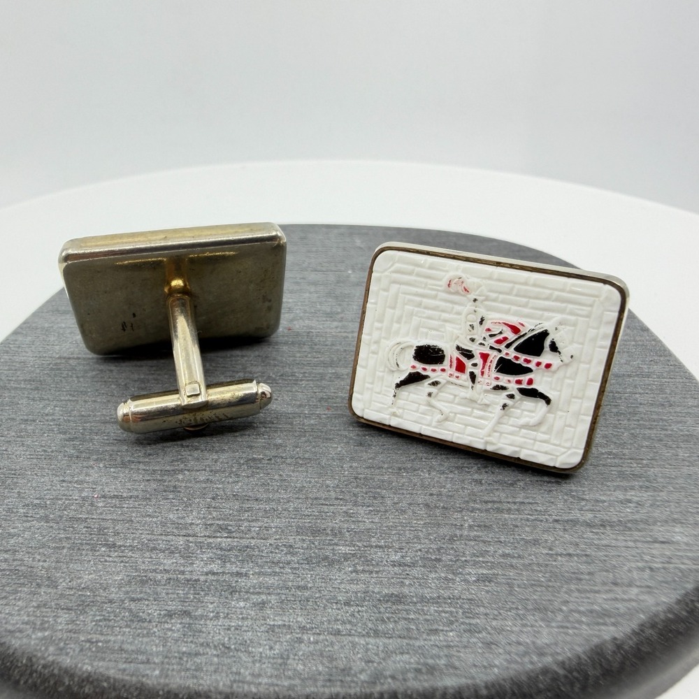 Mens Equestrian Horse Rider Cufflinks White Enamel Silver Tone Rectangle Gift